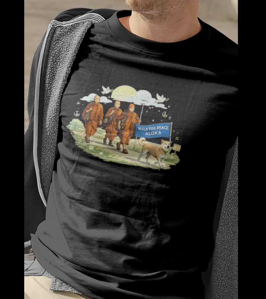 Walk For Peace Aloka Monks With Dog And Doves T-Shirt