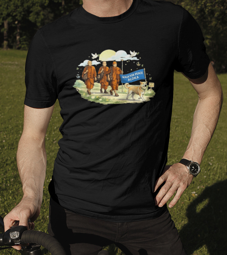 Walk For Peace Aloka Monks With Dog And Doves T-Shirt