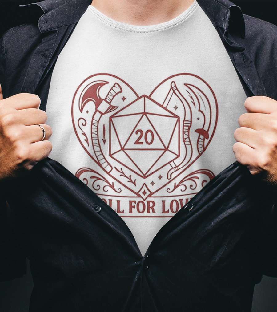 Roll For Love Heart Axe 20 Sided Dice Dungeons And Dragons T-Shirt