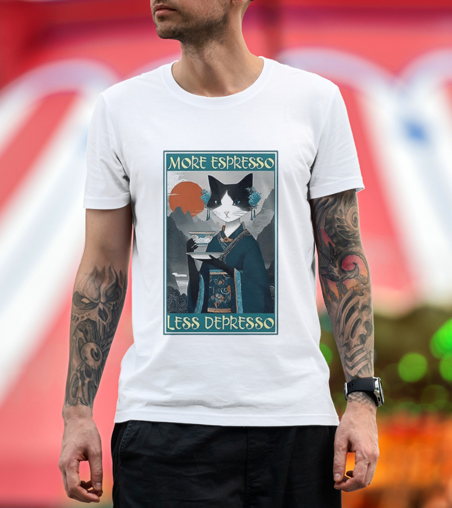 More Espresso Less Depresso Zen Barista Cat Ukiyo E T-Shirt