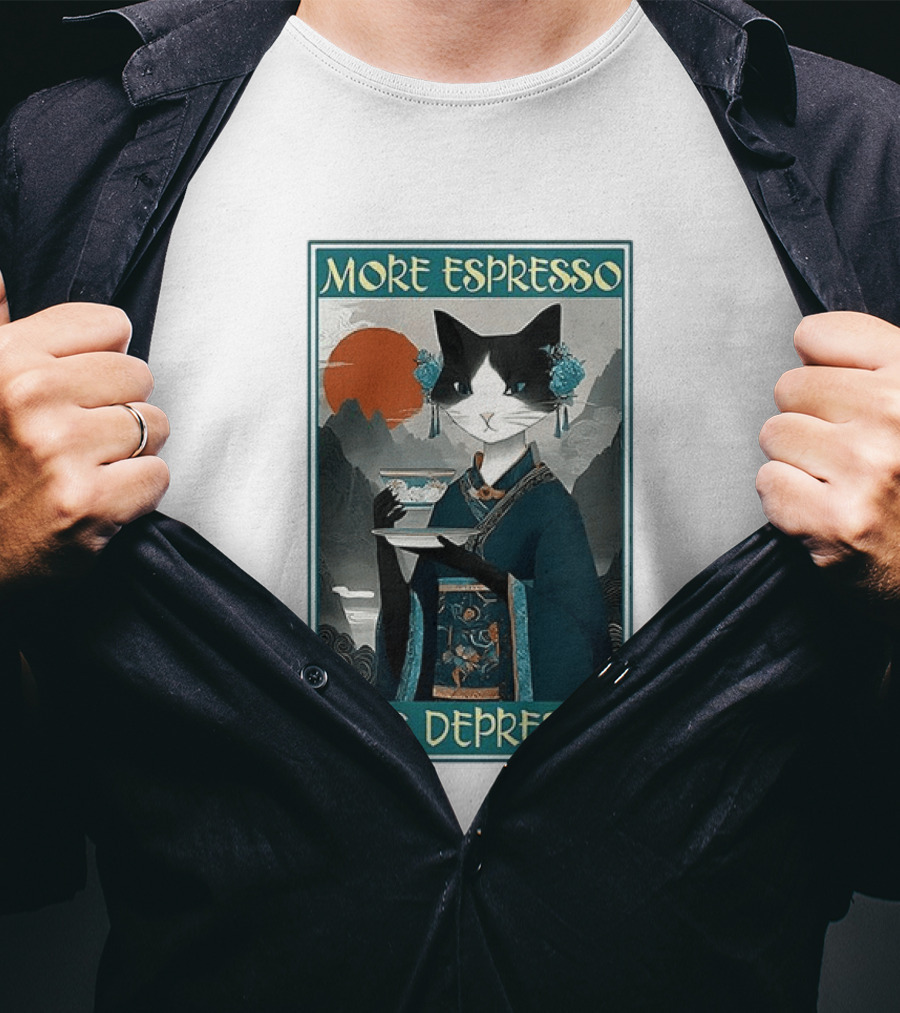 More Espresso Less Depresso Zen Barista Cat Ukiyo E T-Shirt