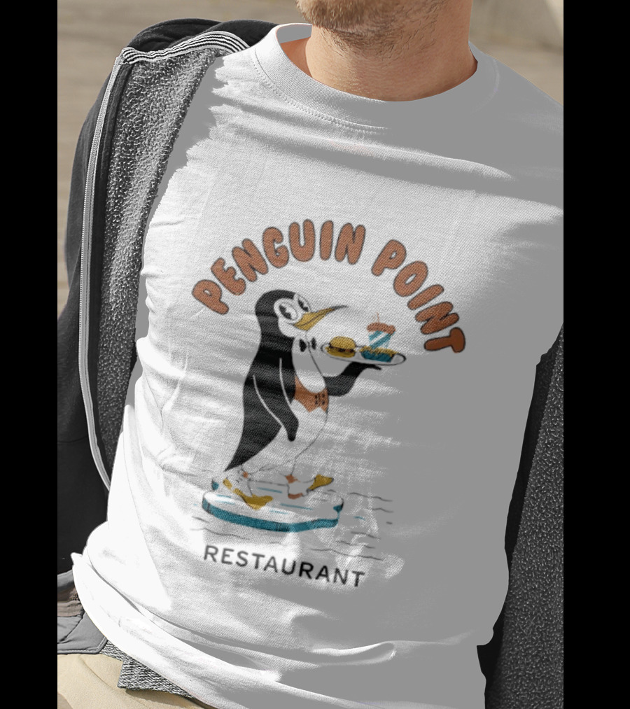 Penguin Point Restaurant Mascot Penguin With Bow Tie And Meal T-Shirt