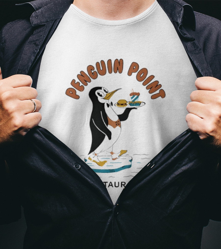 Penguin Point Restaurant Mascot Penguin With Bow Tie And Meal T-Shirt
