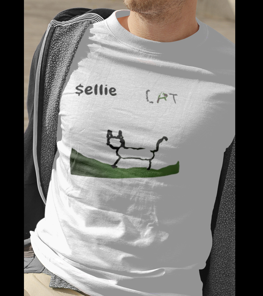 $sellie CAT Drawing Sketch With Green Ground T-Shirt