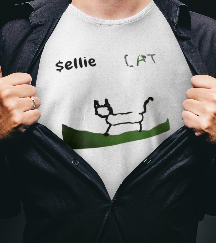 $sellie CAT Drawing Sketch With Green Ground T-Shirt