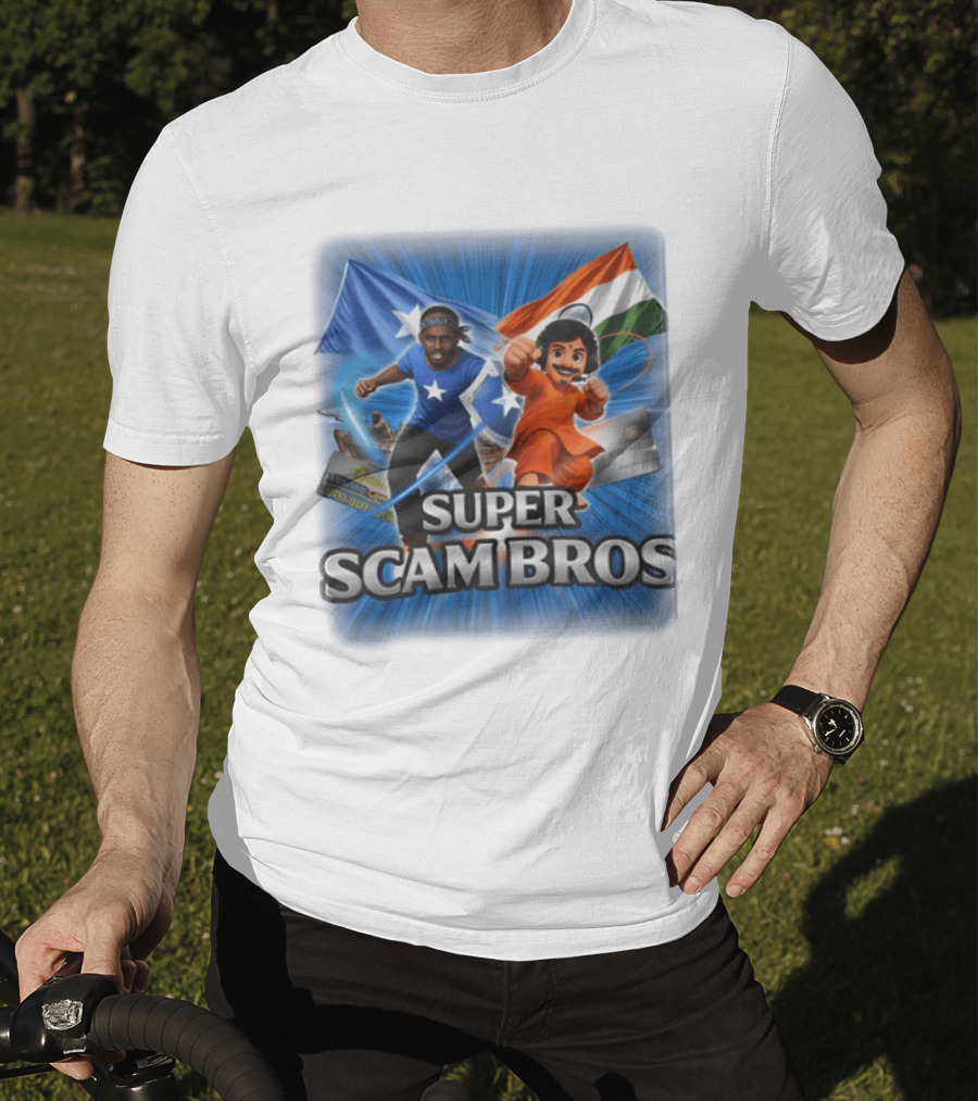 Super Scam Bros Indian Flag With Cartoon Superheroes And Credit Cards T-Shirt
