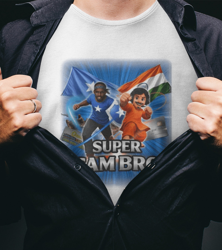 Super Scam Bros Indian Flag With Cartoon Superheroes And Credit Cards T-Shirt