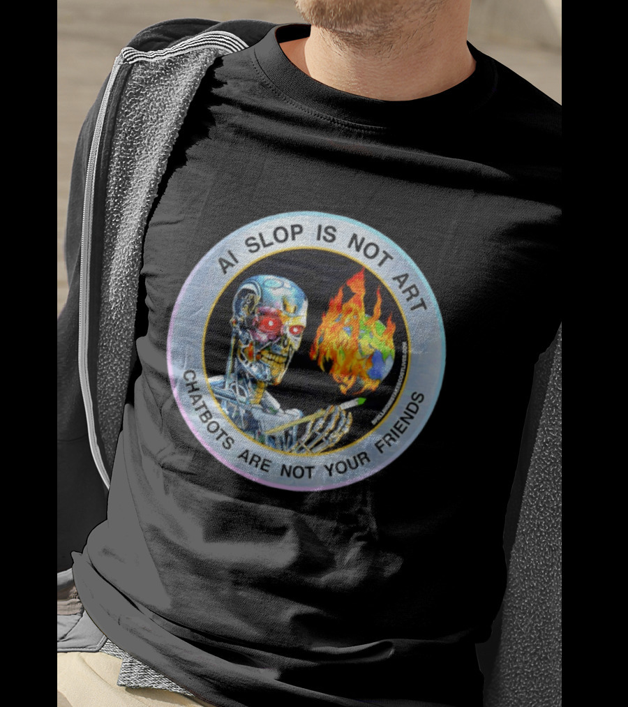 AI Slop Is Not Art Chatbots Are Not Your Friends Cyborg Painting Flames T-Shirt