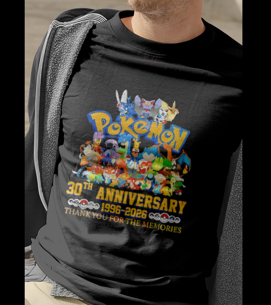 Pokémon 30th Anniversary 1996 2026 Pikachu Mewtwo Eevee Mew Dragonite Snorlax Thank You For The Memories T-Shirt