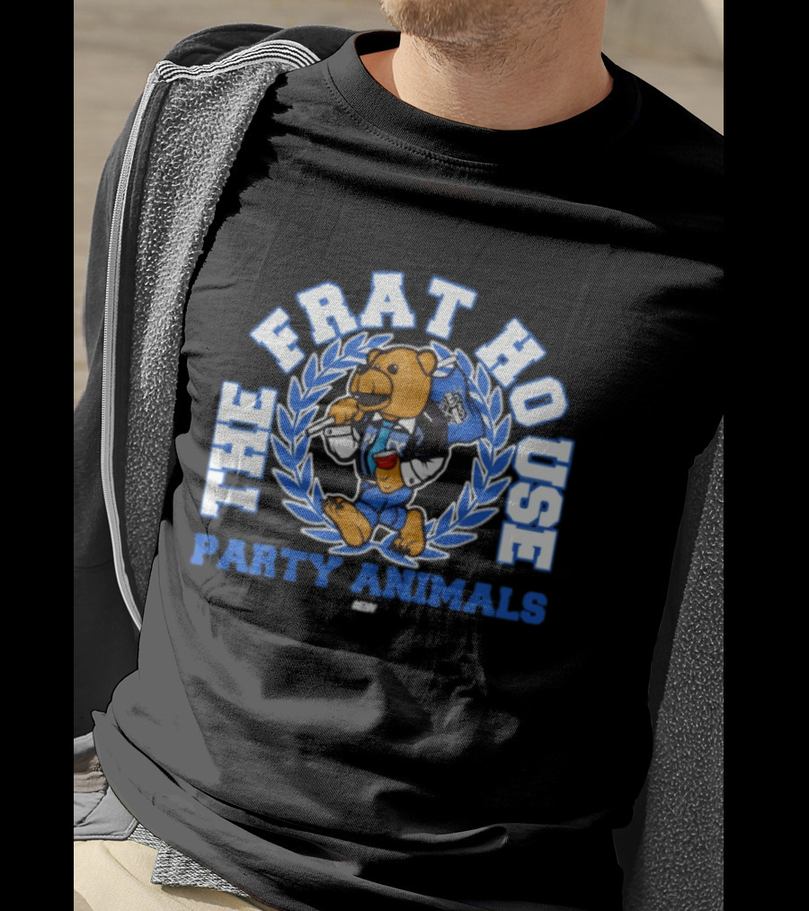 The Frat House Party Animals Beer Bear Drinking In Blue College Jacket T-Shirt