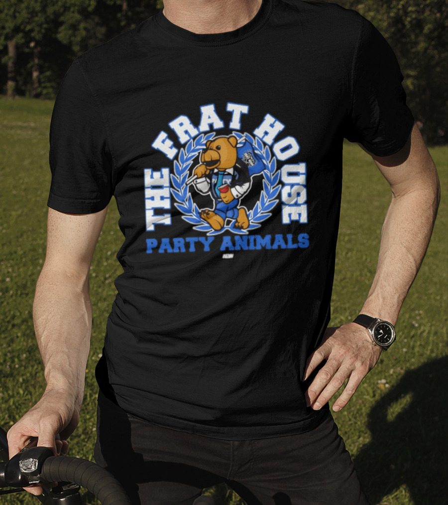The Frat House Party Animals Beer Bear Drinking In Blue College Jacket T-Shirt