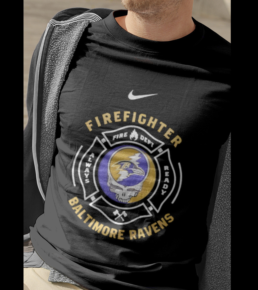 Nike Baltimore Ravens Grateful Dead Firefighter Ravens Heads SFDNY Station 26 Engine 58 T-Shirt