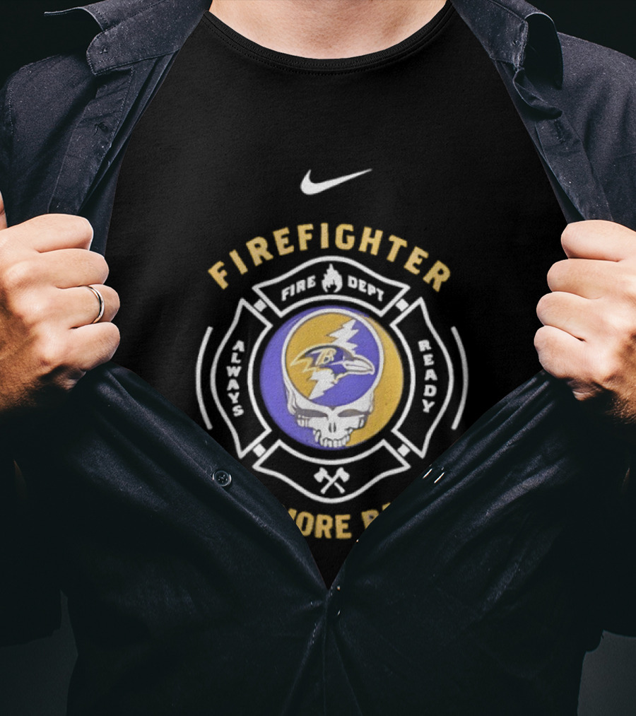 Nike Baltimore Ravens Grateful Dead Firefighter Ravens Heads SFDNY Station 26 Engine 58 T-Shirt