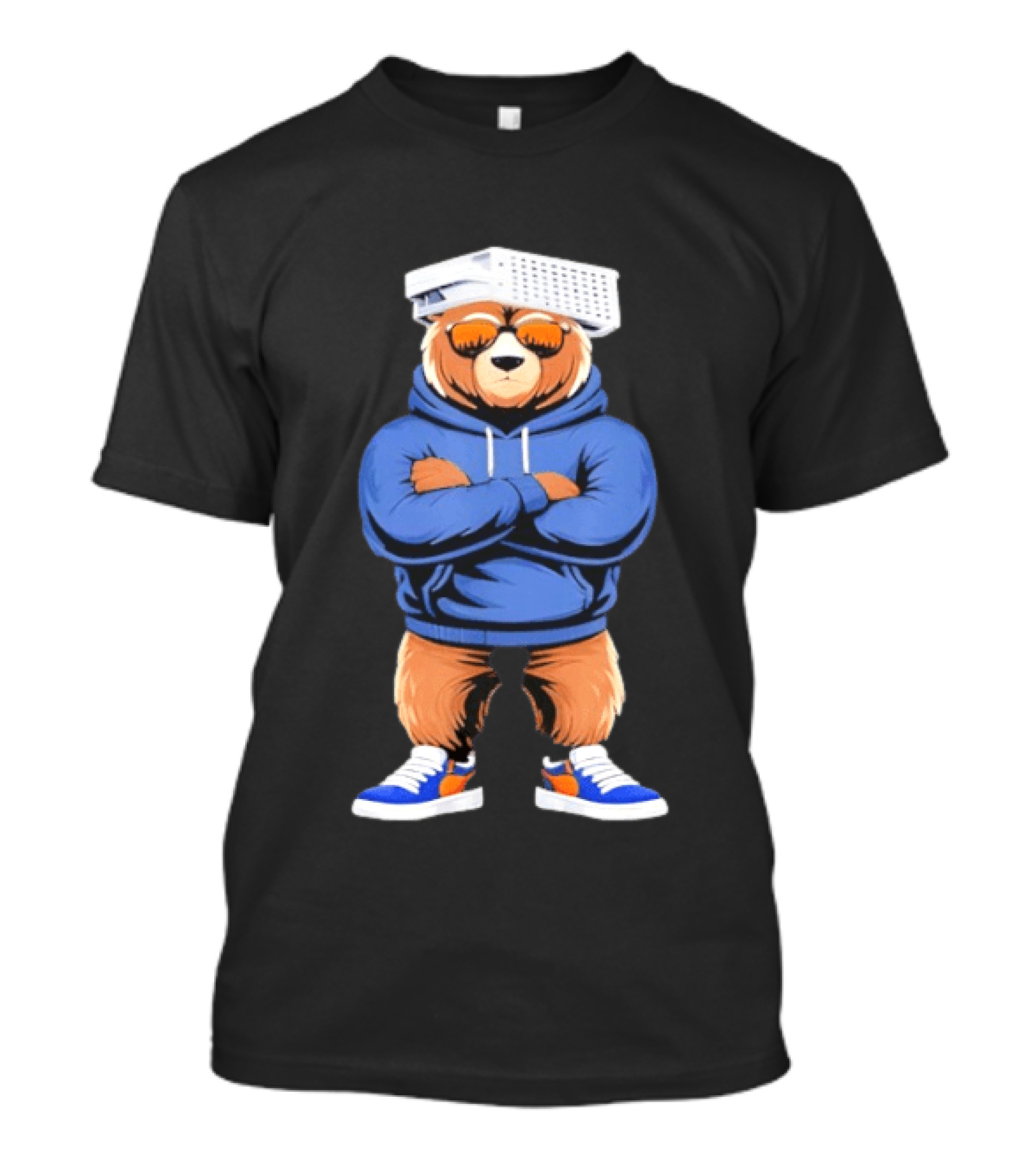 Bear With Cheese Grater Hat And Cool Sunglasses In Blue T-Shirt