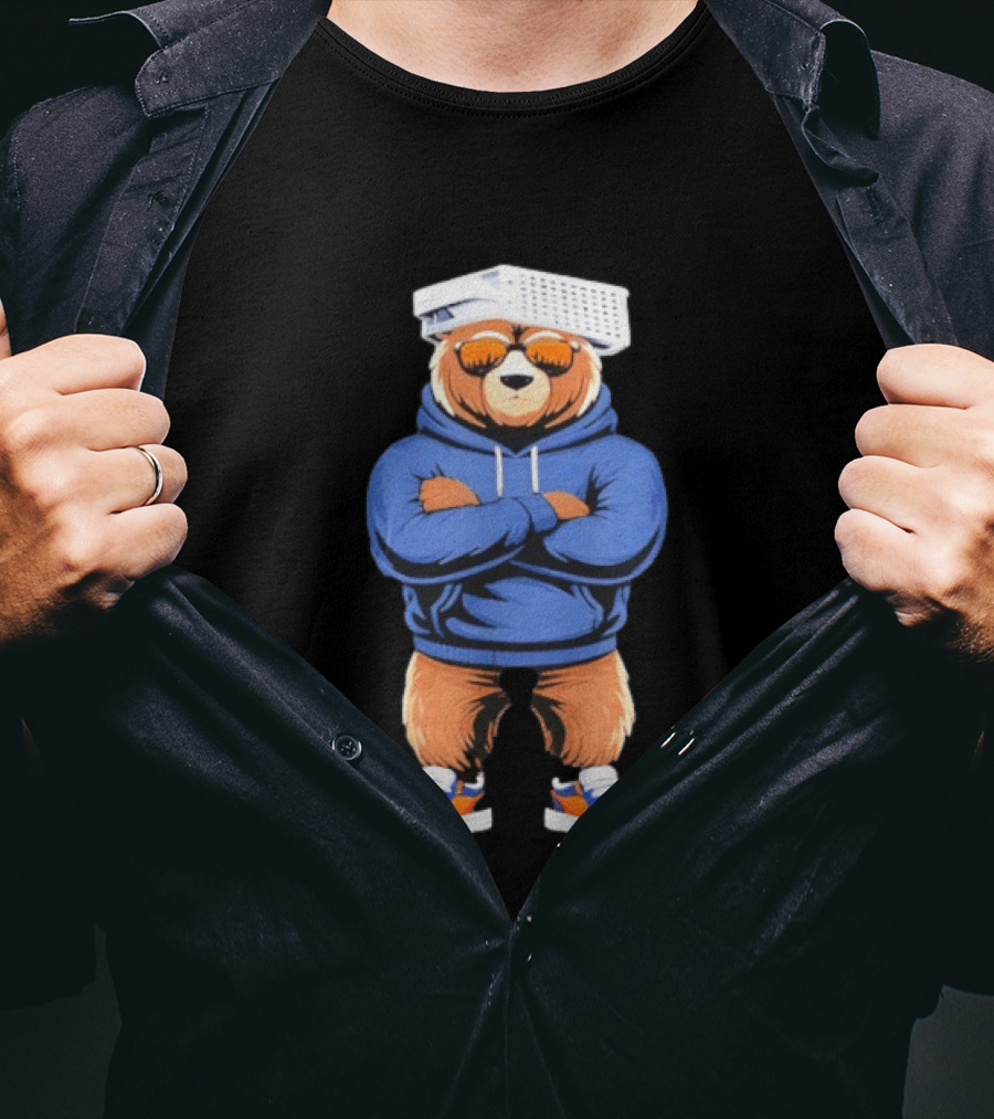 Bear With Cheese Grater Hat And Cool Sunglasses In Blue T-Shirt