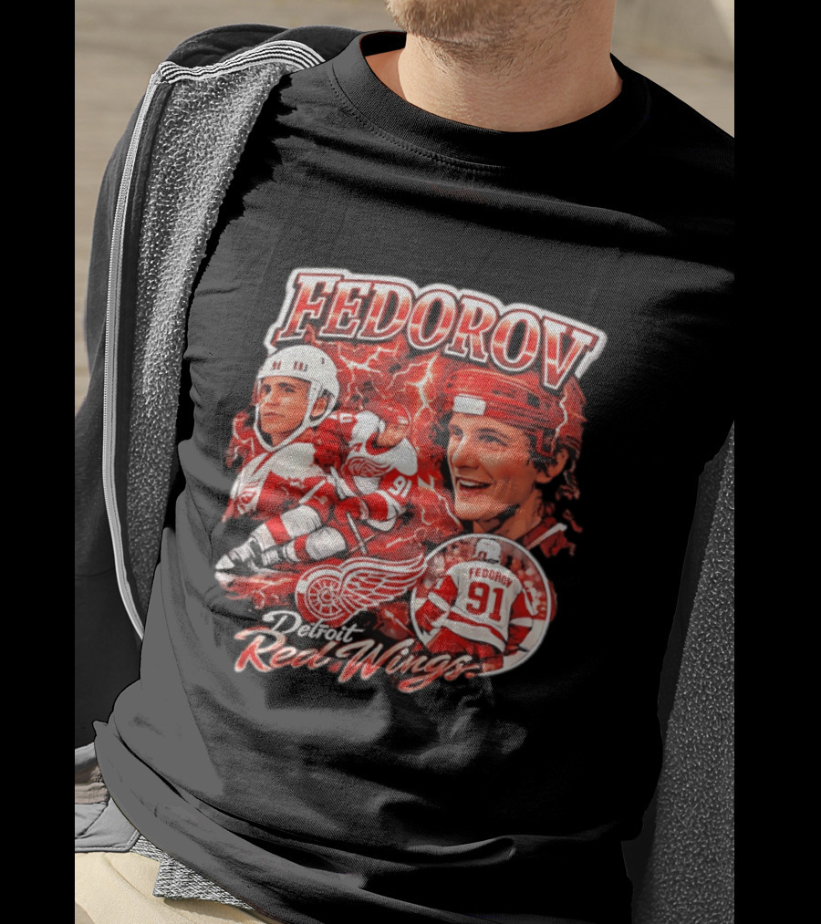 Fedorov 91 Detroit Red Wings Vintage Hockey Hero T-Shirt
