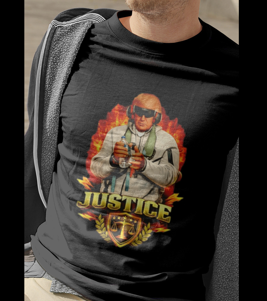 Justice Trump Flaming Background Holding Water Scales Of Justice T-Shirt