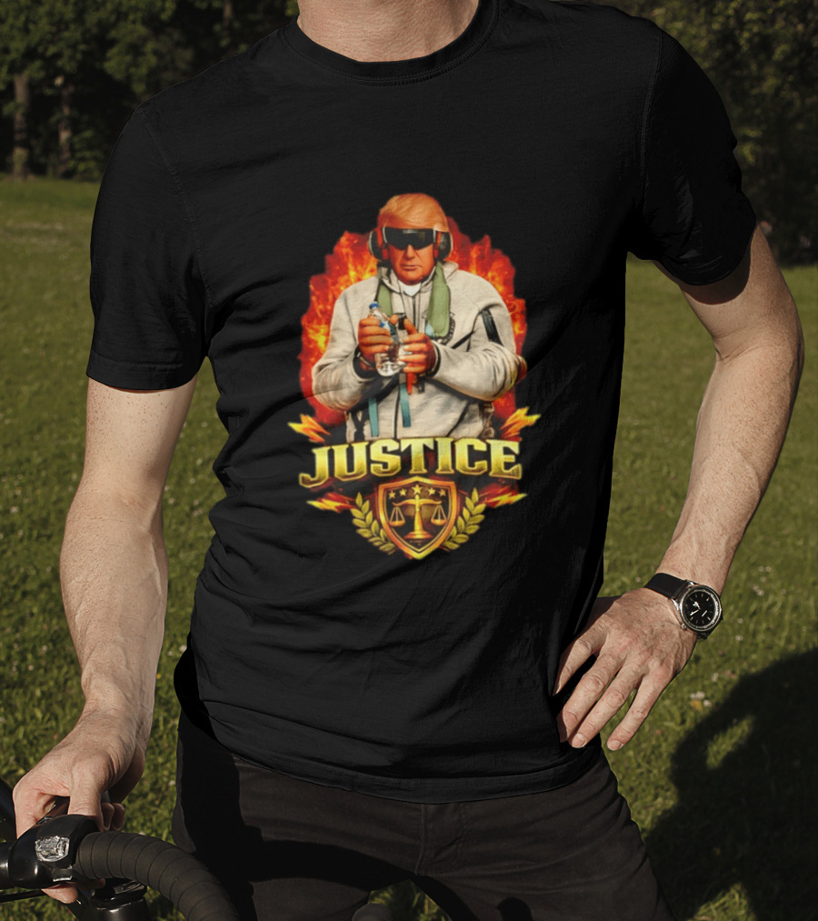 Justice Trump Flaming Background Holding Water Scales Of Justice T-Shirt