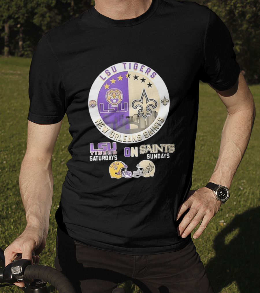 LSU Tigers Saturdays New Orleans Saints Sundays Mashup Helmet T-Shirt