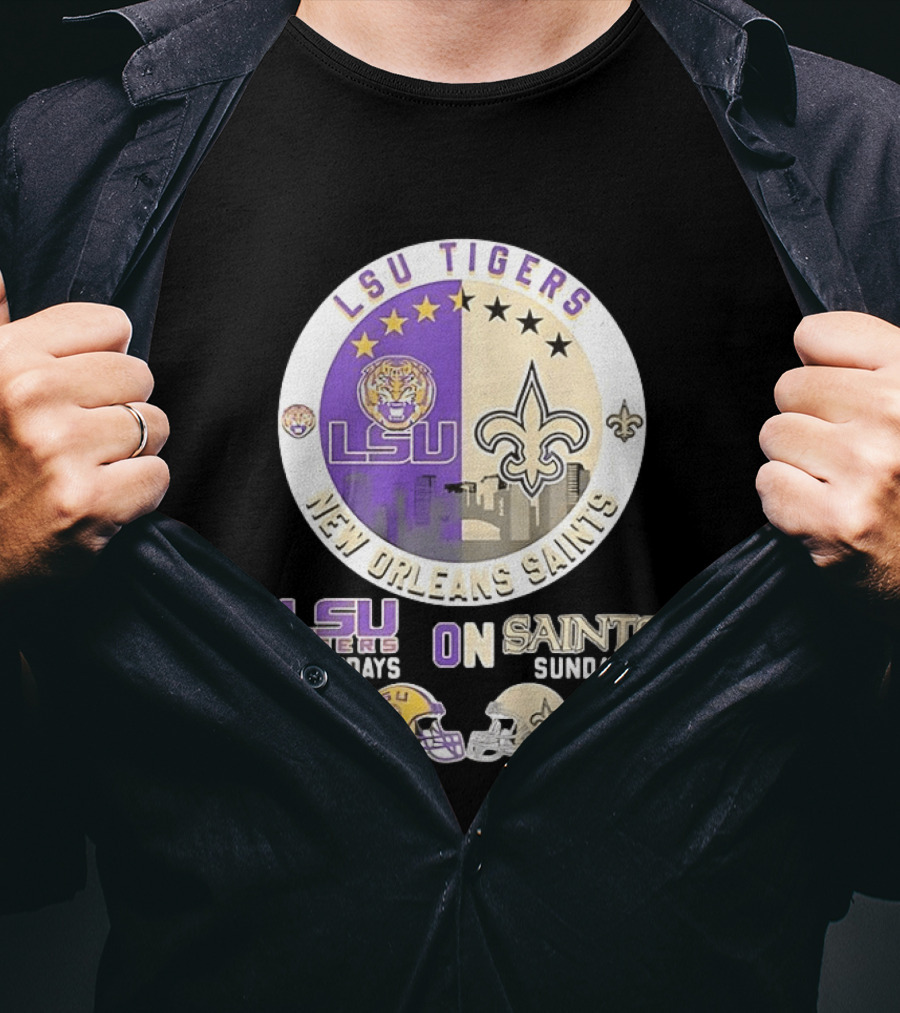LSU Tigers Saturdays New Orleans Saints Sundays Mashup Helmet T-Shirt