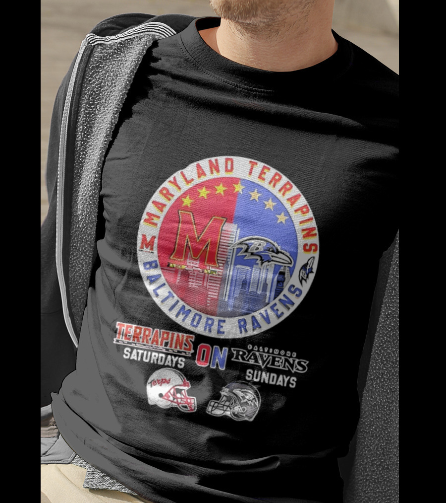 Maryland Terrapins Saturdays Baltimore Ravens Sundays Mashup Helmet T-Shirt