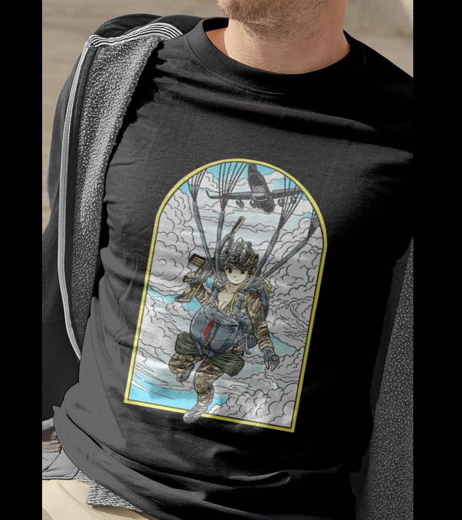 Sky Waifu Anime Paratrooper With Clouds And Plane T-Shirt