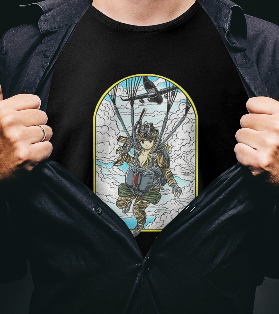 Sky Waifu Anime Paratrooper With Clouds And Plane T-Shirt