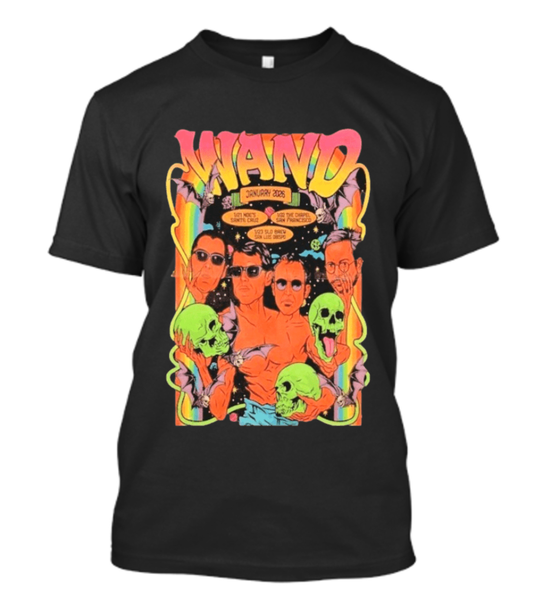 WAND January 2026 Tour Santa Cruz San Francisco San Luis Obispo Skulls And Bats T-Shirt
