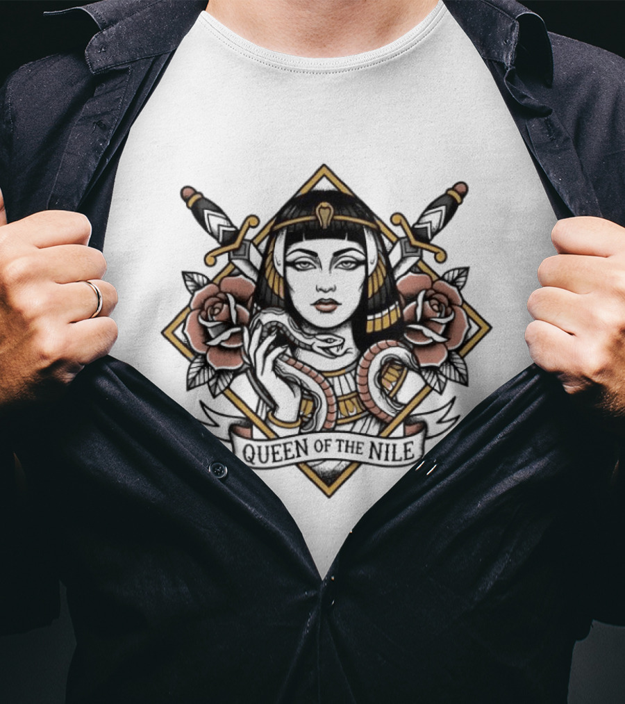 Queen Of The Nile Cleopatra Egyptian Iconic Imagery With Swords And Flowers T-Shirt