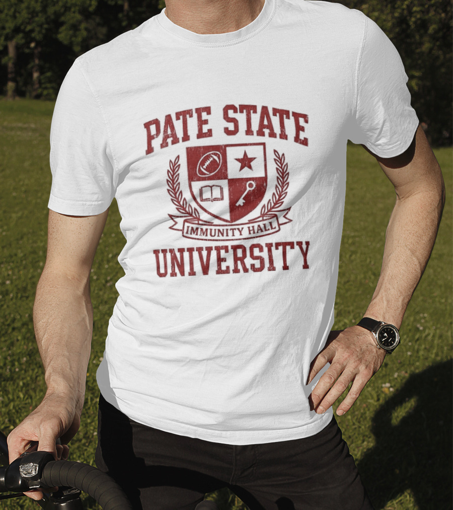 Pate State University Immunity Hall Laurel Wreath Shield Football Star Book Key T-Shirt