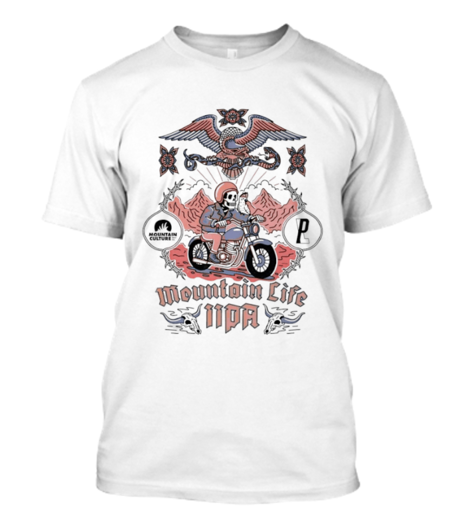 Mountain Life IIPA Skeleton Riding Motorcycle Under Eagle T-Shirt