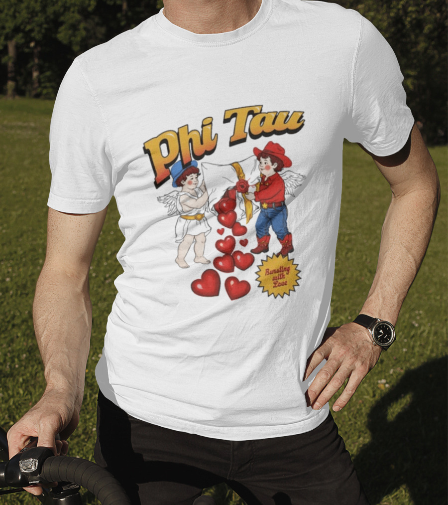 Phi Tau Valentine's Cupid And Cowboy Bursting With Love Hearts T-Shirt
