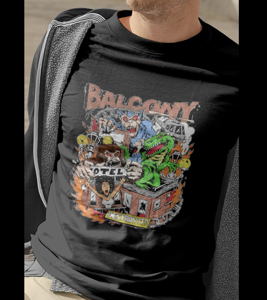 Balcony Hotel Rampage Cartoon Destroy It Monsters And Chaos T-Shirt