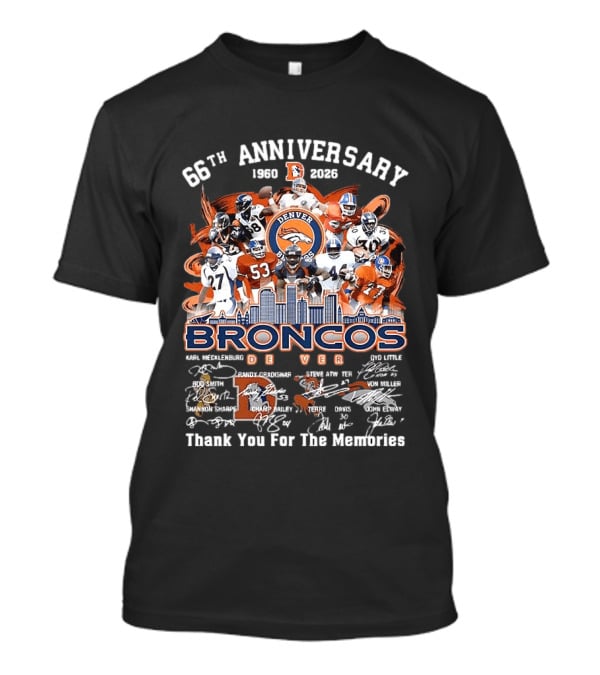 Denver Broncos 66th Anniversary 1959 2023 Thank You For The Memories Skyline Players T-Shirt