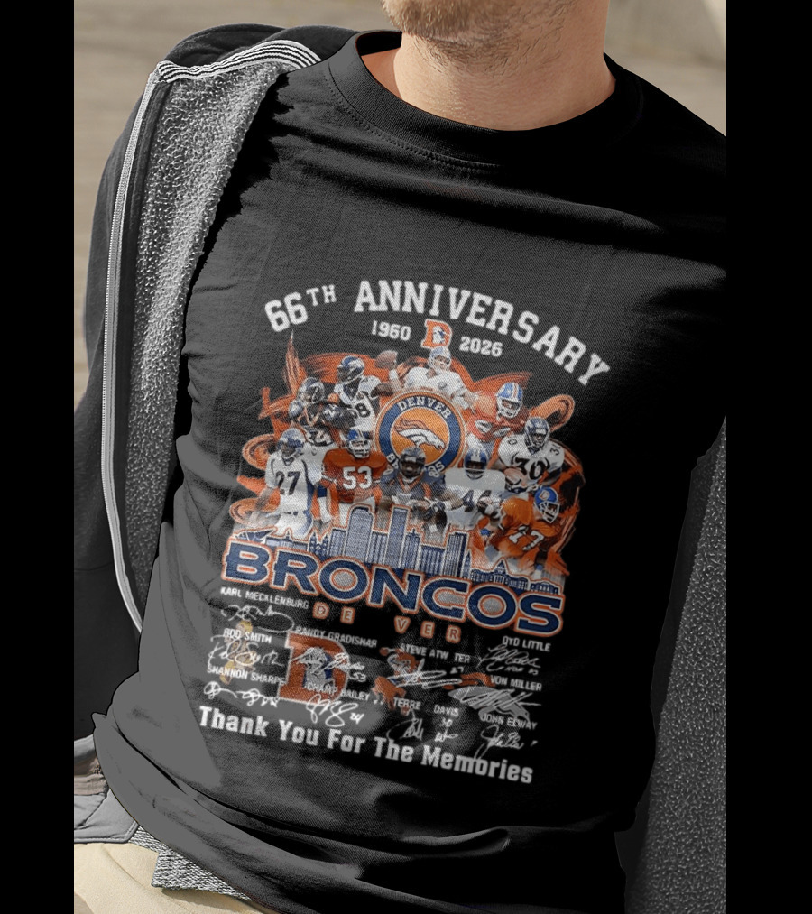 Denver Broncos 66th Anniversary 1959 2023 Thank You For The Memories Skyline Players T-Shirt