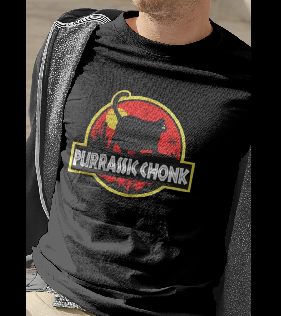 Purrassic Chonk Jurassic Cat Parody With Cat Silhouette On Red Sun T-Shirt