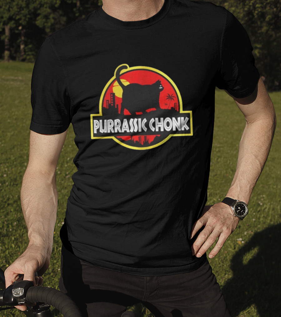 Purrassic Chonk Jurassic Cat Parody With Cat Silhouette On Red Sun T-Shirt