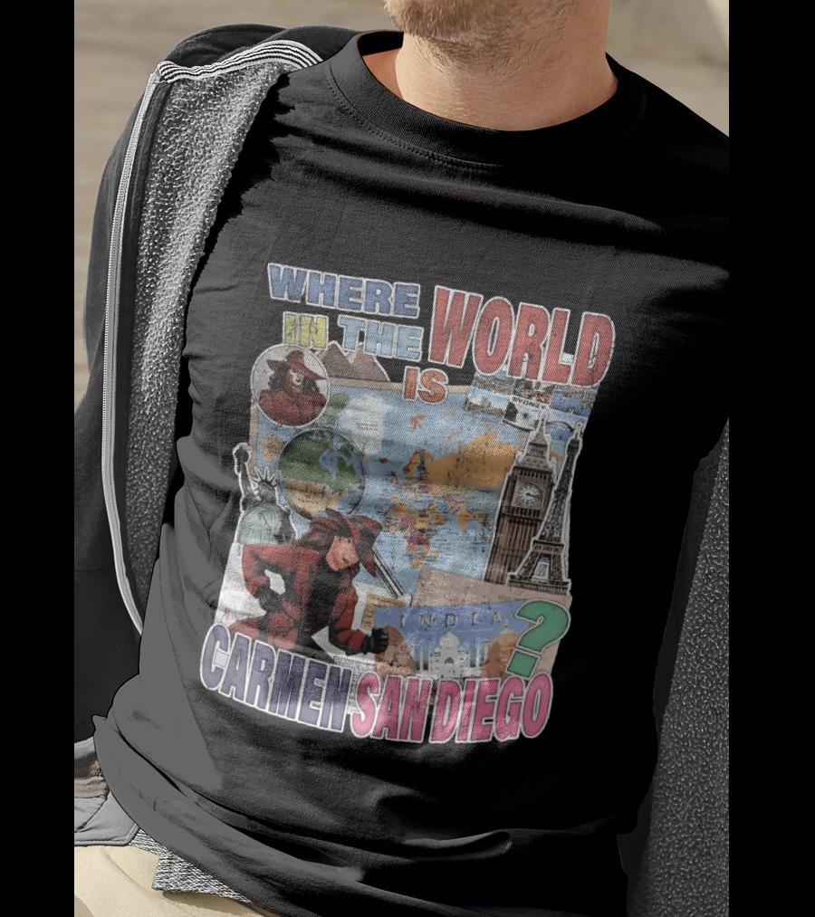Where In The World Is Carmen Sandiego Map And Landmarks Collage T-Shirt