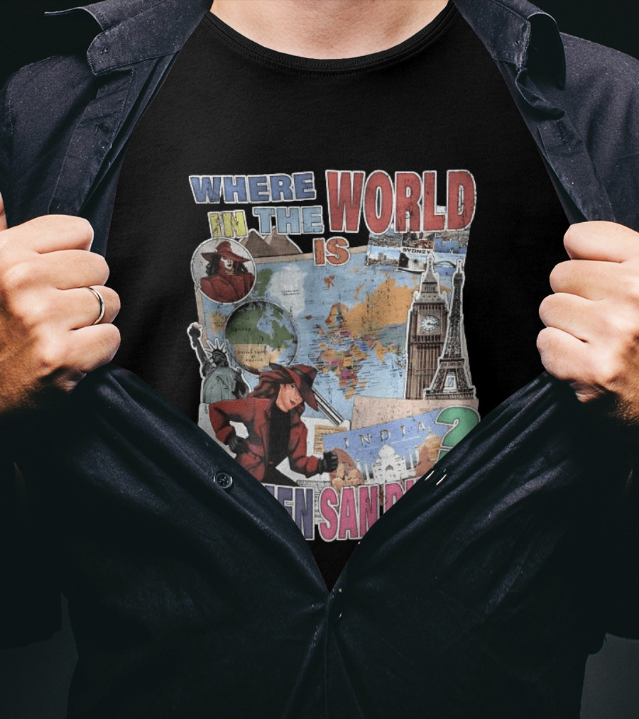 Where In The World Is Carmen Sandiego Map And Landmarks Collage T-Shirt