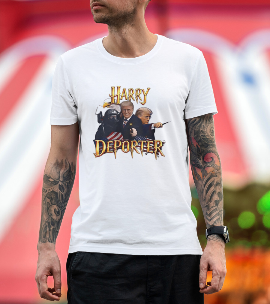 Harry Deporter Trump ICE Caricature American Flag Wand And Eagle T-Shirt