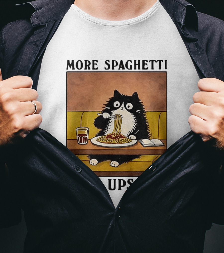 More Spaghetti Less Upsetti Black Cat Eating Italian Food With Drink T-Shirt