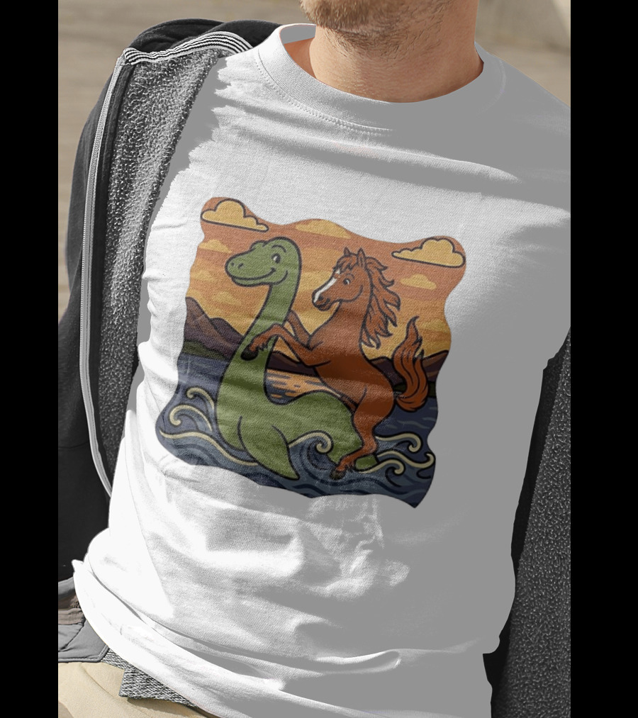 Playful Horse Riding Loch Ness Monster At Sunset Scene T-Shirt