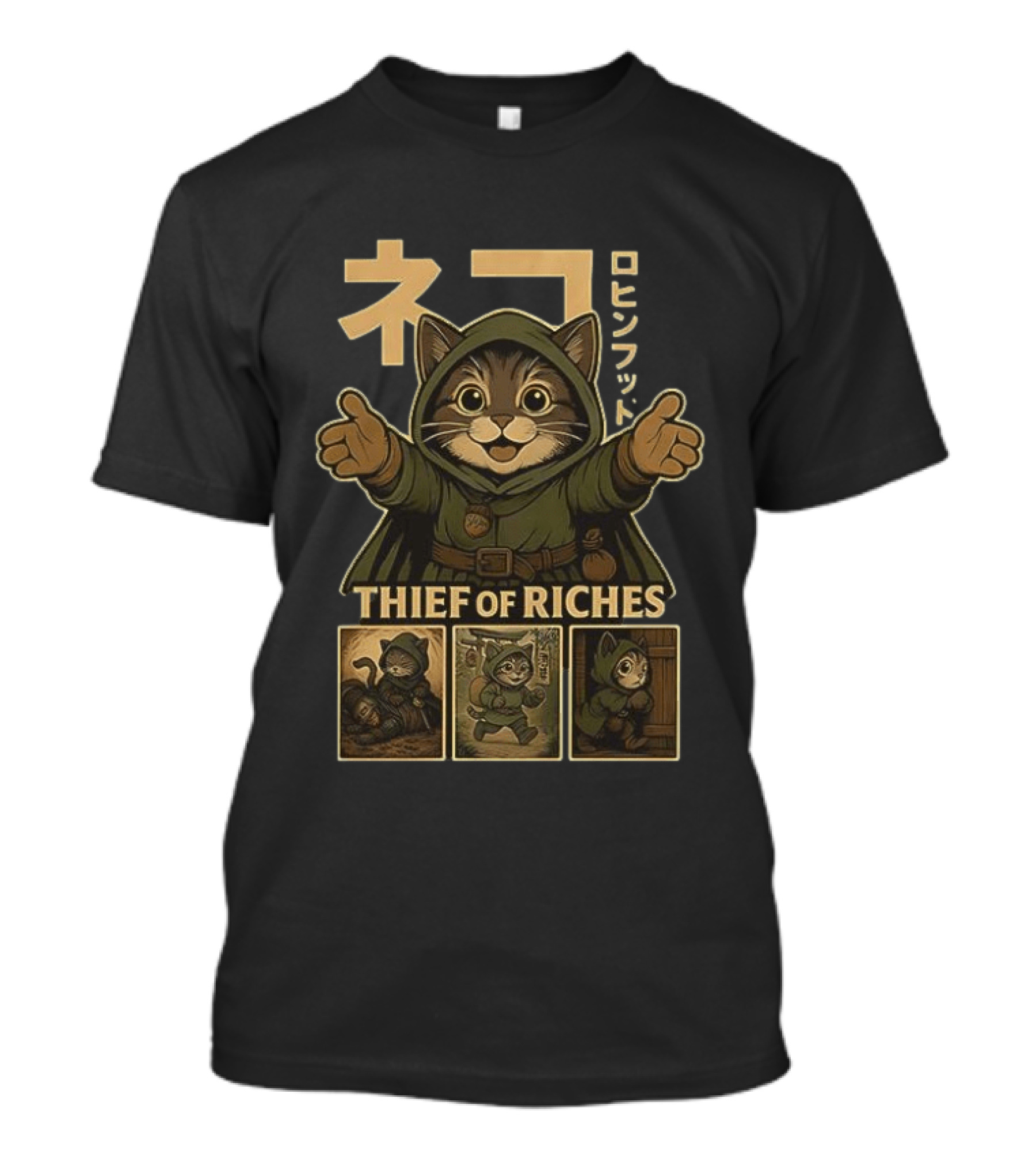 Cat Thief Of Riches Japanese Text Playful Robber T-Shirt