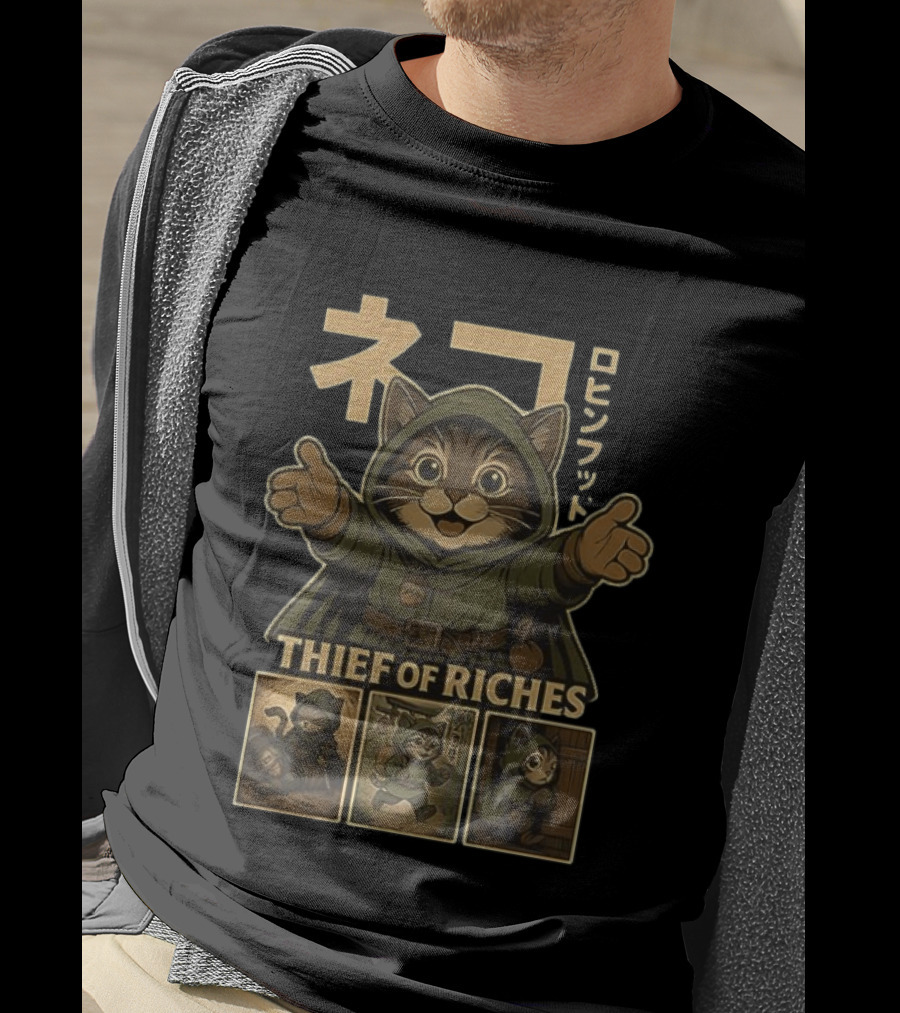 Cat Thief Of Riches Japanese Text Playful Robber T-Shirt