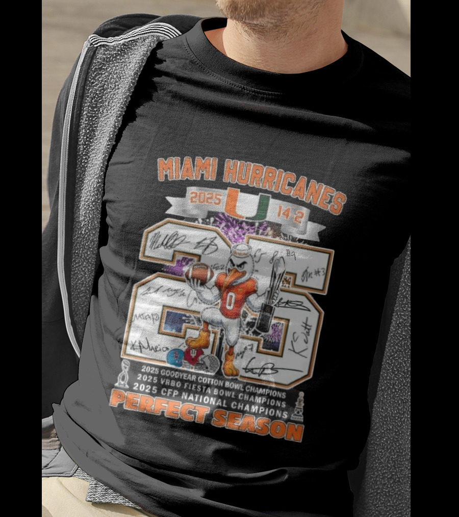 Miami Hurricanes 2025 Perfect Season Cotton Fiesta Bowl CFP Champions T-Shirt