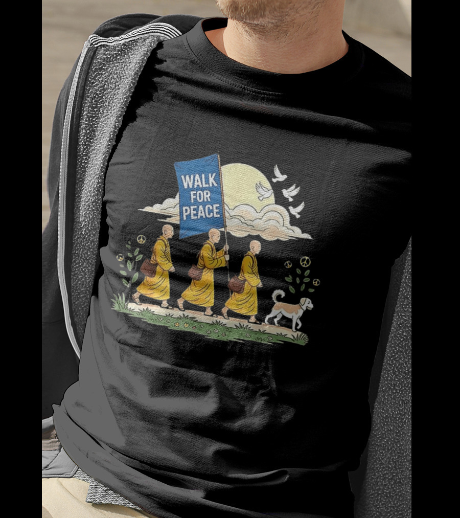 Walk For Peace Buddhist Monks And Dog Journey With Doves And Peace T-Shirt