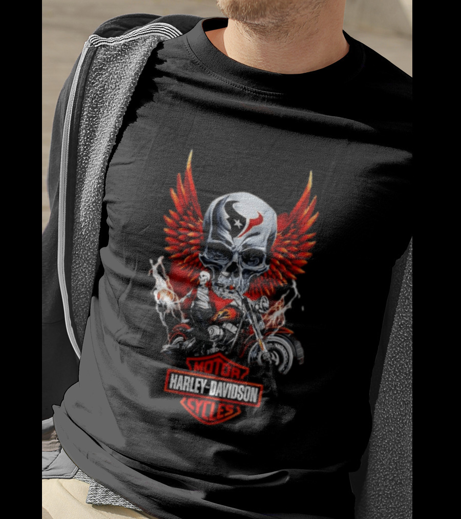 Houston Texans Harley Davidson Motorcycles Skull Wings Red Flames T-Shirt
