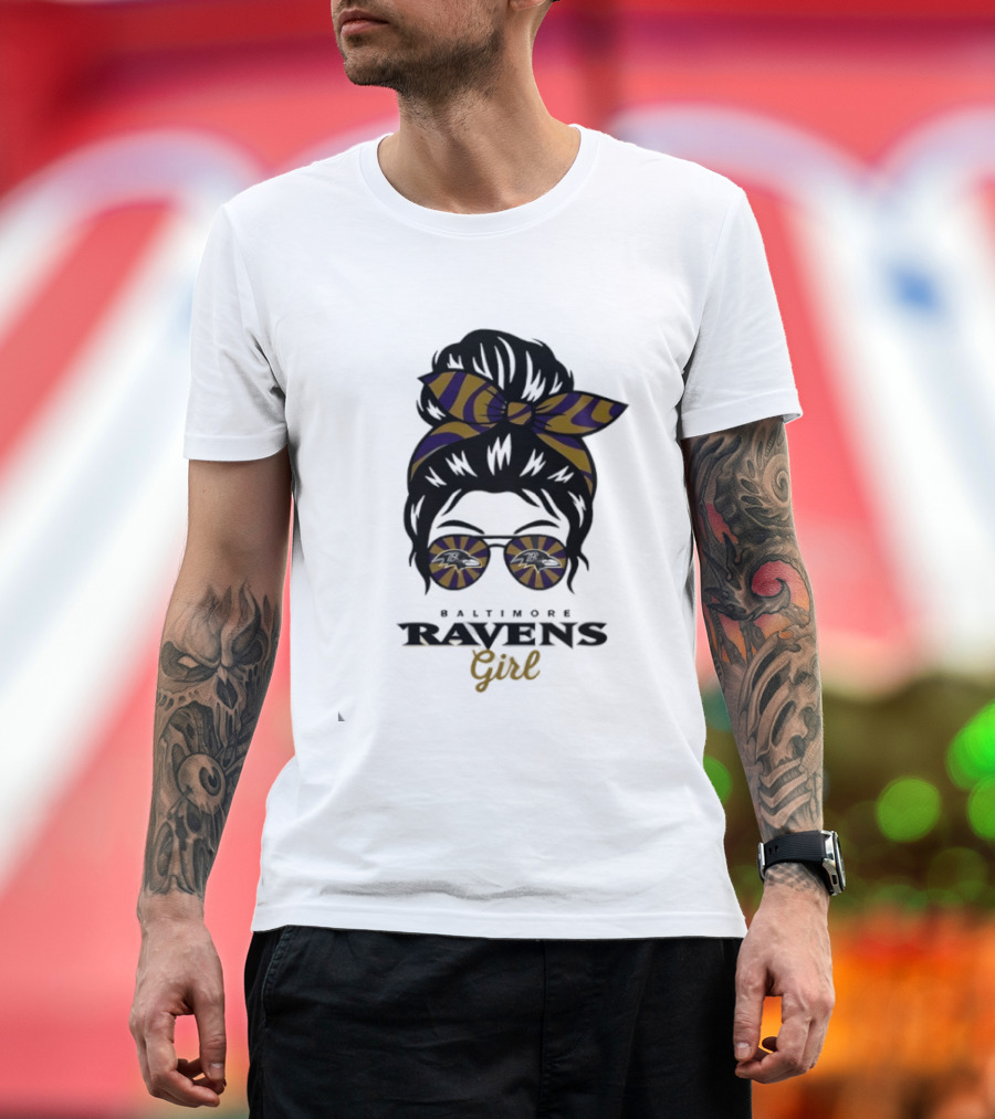 Baltimore Ravens Girl Messy Bun Glasses Bow Fan Gear T-Shirt