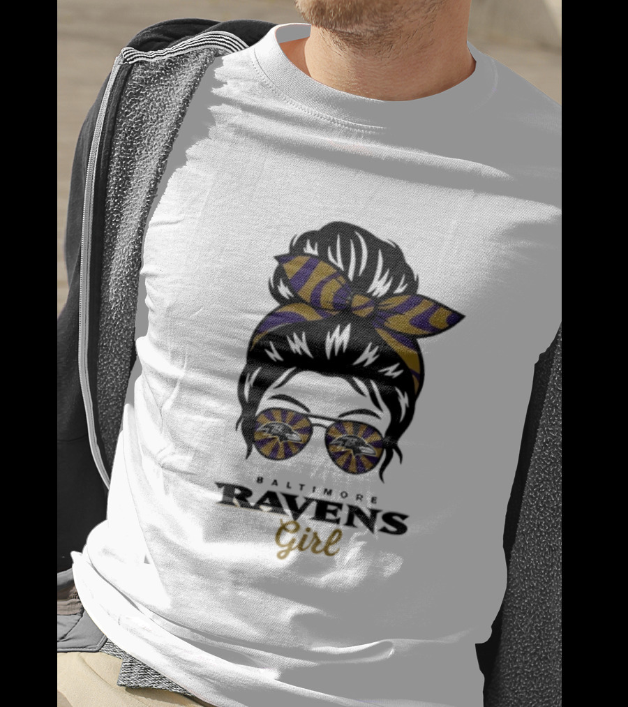 Baltimore Ravens Girl Messy Bun Glasses Bow Fan Gear T-Shirt