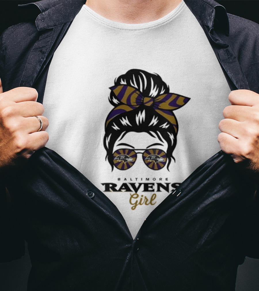 Baltimore Ravens Girl Messy Bun Glasses Bow Fan Gear T-Shirt